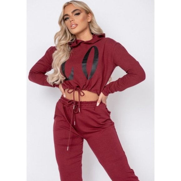Burgundy Love Print Long Sleeve Hooded Crop Top and Joggers Pants Two Piece Set - Picture 3 of 10